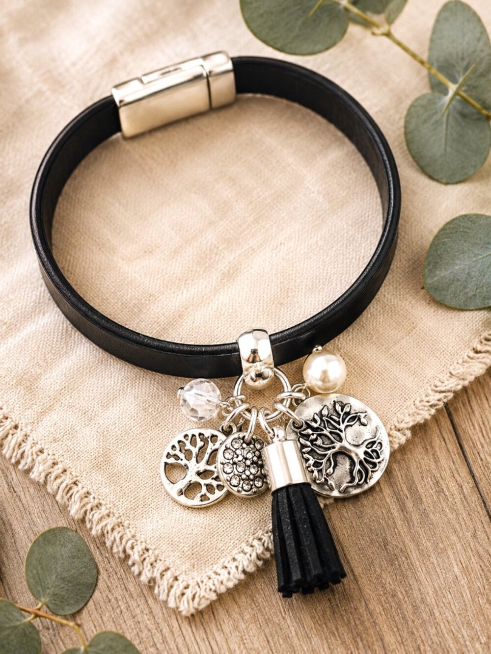 Tree of Life Charm Bracelet Black Leather Nature Spiritual Woodland Symbolic NWT
